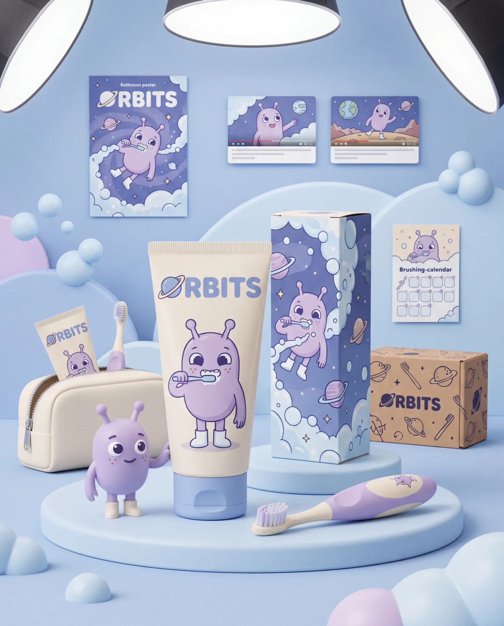 ORBITS kampanja: tuba paste, kutija, putna torbica, četkica, kalendar pranja zubi, poster i Pip figurica u svijetloplavom studiju.